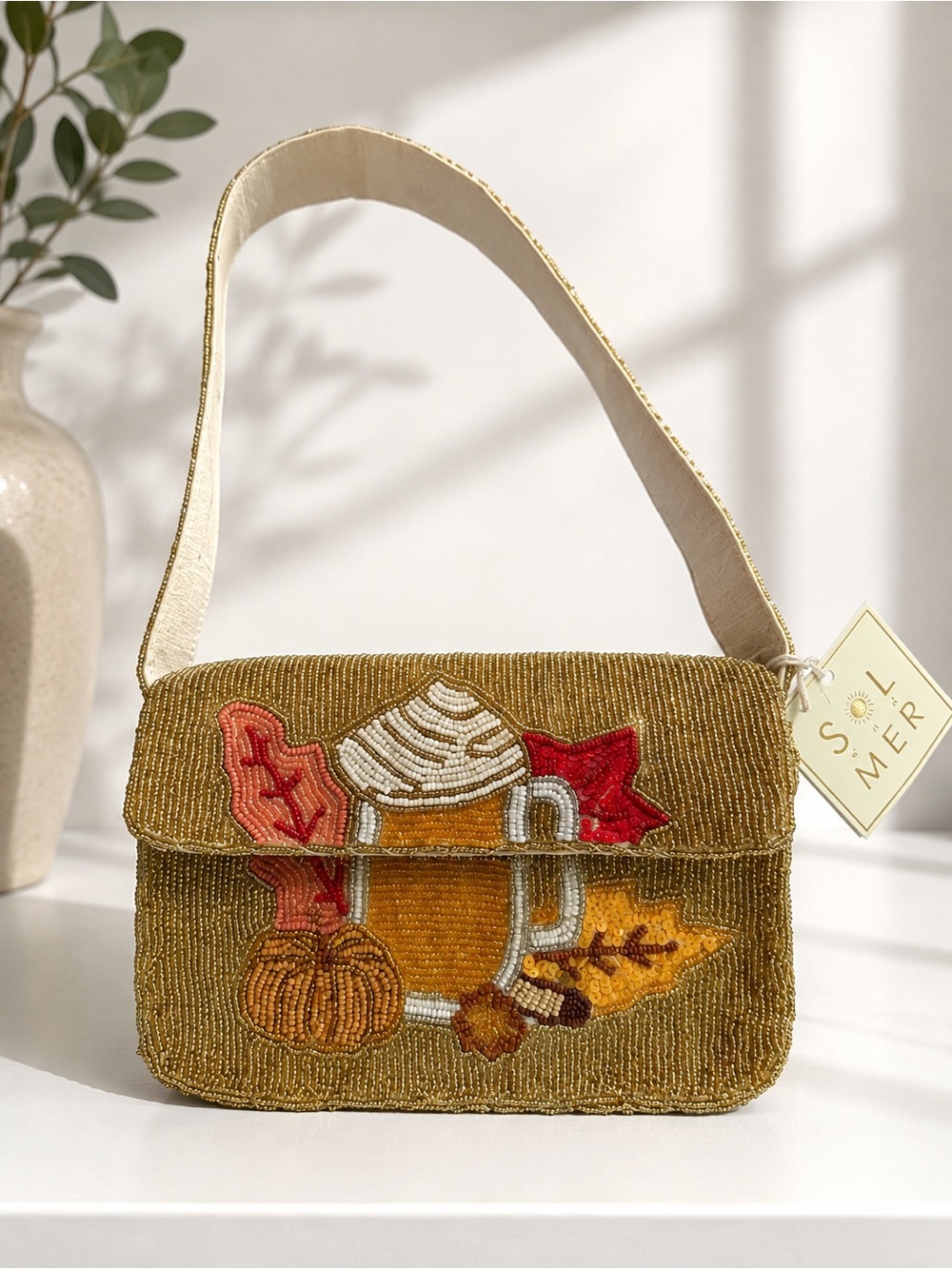New SOL and Mer hand beaded Fall coffee shoulder bag Pumpkin Spice Autumn Purse